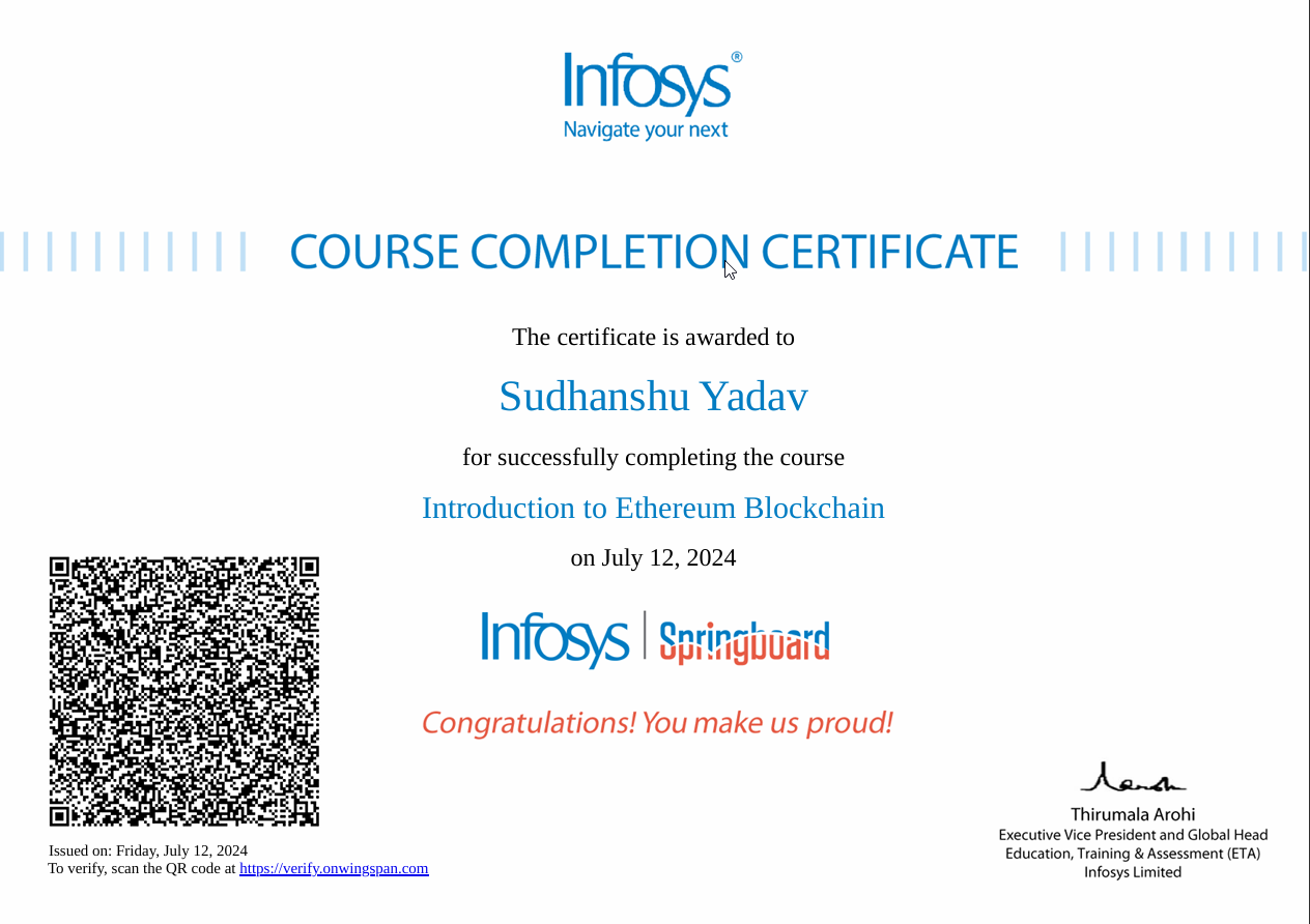 The Ethereum Blockchain certificate